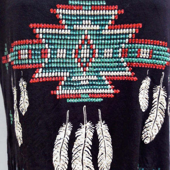 Vintage Occasion Tee Crop Soft Fringe Tribal Bedazzle Embellished Short Sleeves - Picture 3 of 5